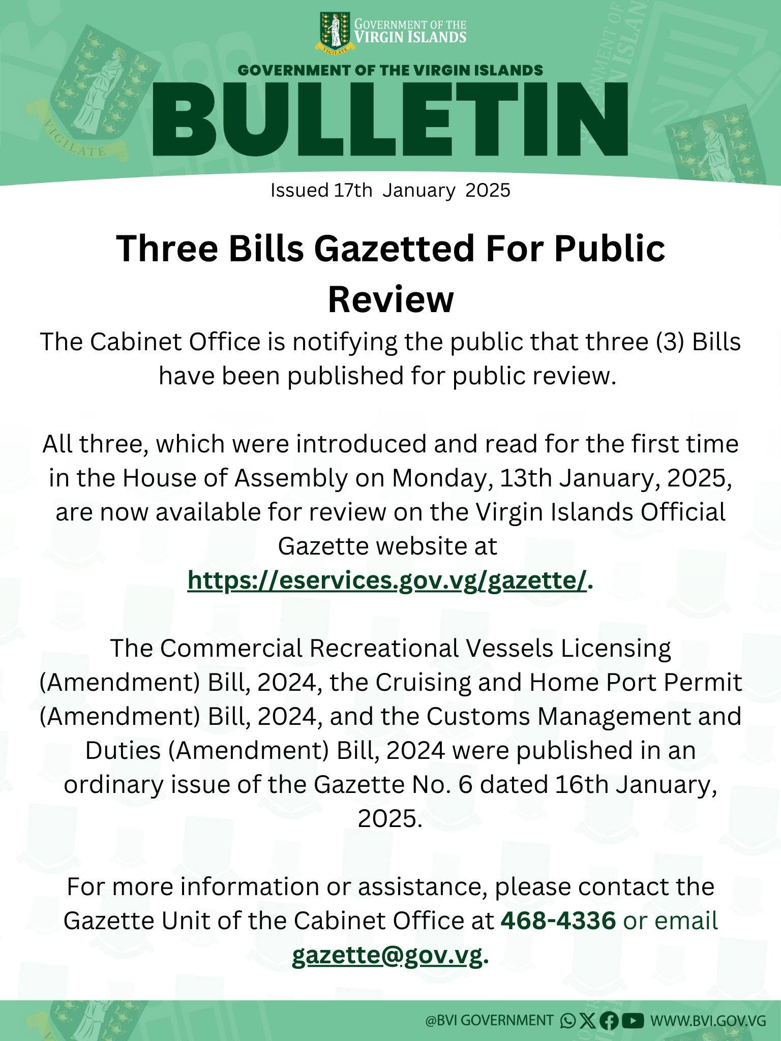 Three Bills Gazetted For Public Review